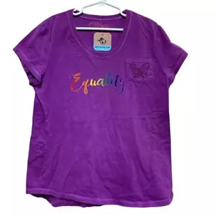Hand Printed Upcycled Child XL Equality Rainbow Pride Sparkle Butterfly Tee - Picture 1 of 1