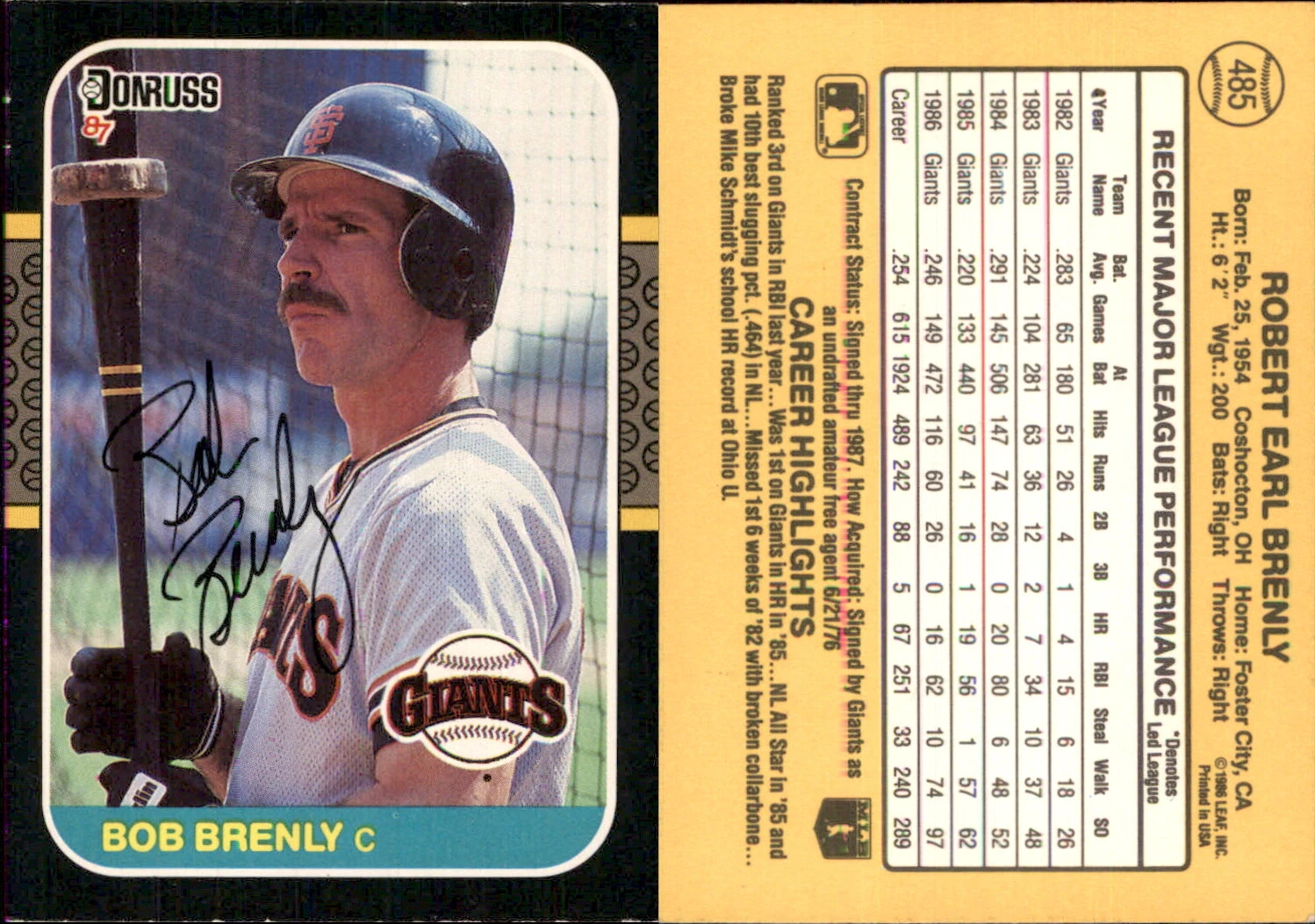 Bob Brenly Signed 1987 Donruss #485 Card San Francisco Giants Auto AU