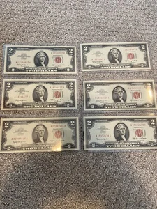 1963 Two 2 Dollar Bill Lot Uncirculated Red Seal Us Note Lot Of 6 - Picture 1 of 2