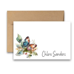 PERSONALIZED - 12 Flat Note card, Floral Stationery with Envelopes - Butterfly - Picture 1 of 3