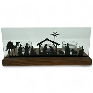 Nativity Silhouette Scene Tabletop Sign Tealight Candle Lit Wooden Base 4.5 Tall - Picture 1 of 7