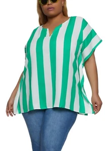 Women Plus Size Green/White Stripes Pullover Blouse. Size 2XL. - Picture 1 of 2