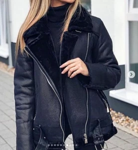 Women B3 Bomber Coat RAF Aviator Flying Shearling Fur Real Black Leather Jacket - Picture 1 of 2