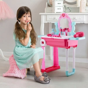 Kids Girls Vanity Table Suitcase Dressing Table Mirror Makeup Desk Toy Role Play - Picture 1 of 11
