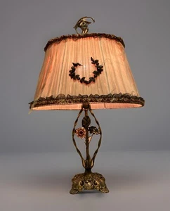 Antique Vintage Art Deco 23” Cast Iron Floral Design Table Lamp W/Bird Finiel - Picture 1 of 14