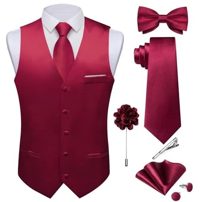  Mens Satin Suit Vest and Tie Set 8PCS Solid Waistcoat and Small Burgundy - Image 1 of 4