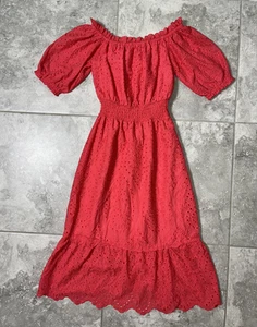 Betsey Johnson Ruffle Off Shoulder Lace Midi Dress Cotton Eyelet Overlay Pink XS - Picture 1 of 21