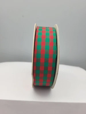 Vintage Holiday Ribbon Red Green Gingham Checkered Plaid 7/8” wide 25yds - Image 1 of 4