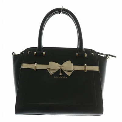 Samantha Vega Leather 2-Way Shoulder Handbag Black Gold Logo Ribbon Used - Image 1 of 4