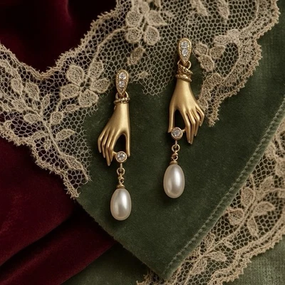 Hand Earrings Zircon Pearl Gold Silver CZ Art Vintage Style VTG Museum Nouveau - Image 1 of 4