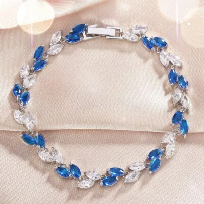 18K White Gold Filled Simulated Clear Crystal Charming Leaf Tennis Bracelet Foto 1 de 4