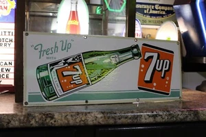 RARE 7UP SODA POP DEALER PORCELAIN METAL SIGN BOTTLE WITH GIRL FRESH UP COKE - Picture 1 of 12