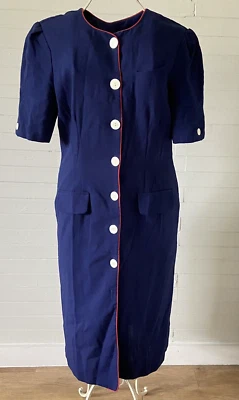 Vestido midi vintage Leslie Allison con botones - azul marino/rojo - secretaria años 80-12 Foto 1 de 4