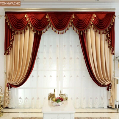 thick luxury shading velvet villa beige yellow cloth curtain valance panel C241 - Image 1 of 4