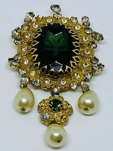 Antique Paste Emerald, Diamonds and Dangle Pearls on Gold Tone Victorian Brooch - Picture 1 of 3