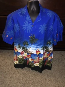 Hawaiian Shirt Pacific Legend Apparel XL Short Sleeve Blue Parrot Palm - Picture 1 of 5