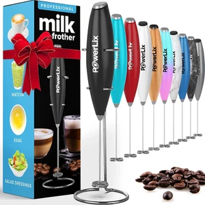 Handheld Milk Frother with Stand, Battery Operated, Stainless Steel Whisk, Black - Picture 1 of 12