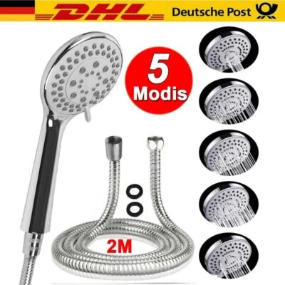 DUSCHKOPF HOCHDRUCK HANDBRAUSE DUSCHBRAUSE WASSERSPAREND MIT 2M SCHLAUCH 5MODI - Bild 1 von 4
