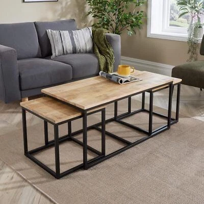 Nest 3 Tables Solid Mango Wood Black Iron Legs Home Living Furniture Storage - Image 1 of 4