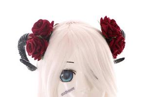 C-39-2 Aries Horns Red Roses Fantasy Devil Headpiece Clips Gothic Lolita - Picture 1 of 5