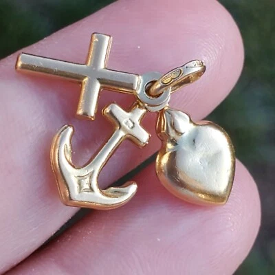 14K 585 ITALIA VINTAGE ORO AMARILLO MACIZO CRUZ, CORAZÓN, DIJES ANCLA COLGANTE-FIRMADO Foto 1 de 4