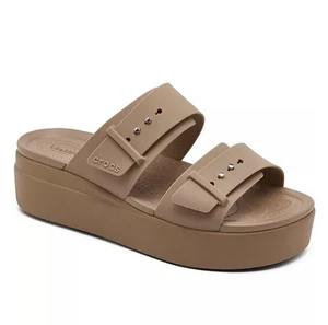Crocs Brooklyn Buckle Low Wedge Sandal Slides Tan Taupe Platform Women’s Size 7 - Picture 1 of 7
