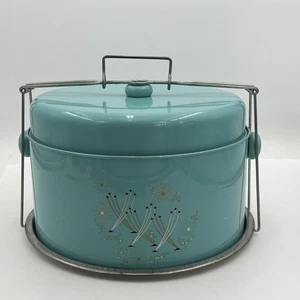 Vintage 1950s CAKE CARRIER 60s MCM Retro Picnic Blue Turquoise Metal Flowers 11" - Picture 1 of 18