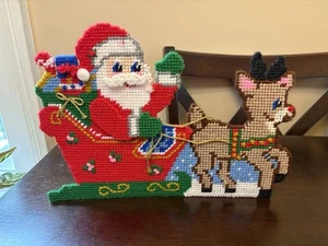 Vintage fertig Bucilla Weihnachten Kunststoff Santa Rentier Schlitten Urlaub Stand Up - Bild 1 von 7