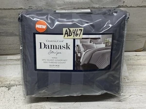 Charter Club Damask Stripe 550 TC King 3pc Duvet Set Granite New - Picture 1 of 5