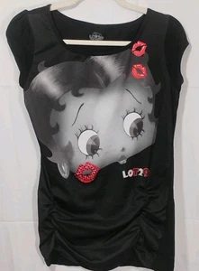Betty Boop Face Black Shirred Tee Sparkly Lips Y2K Retro   - Bild 1 von 6