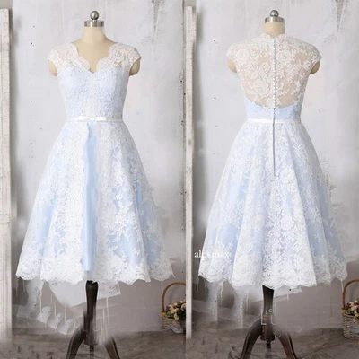Blue Short Wedding Dresses Cap Sleeves Lace Appliques Tea Length Bridal Gowns - Image 1 of 4