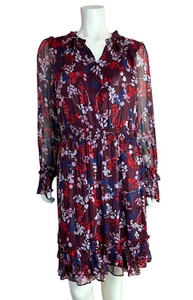 Draper James Floral Print Dress Size L Smocked Peasant Long Sleeve Metallic - Picture 1 of 13