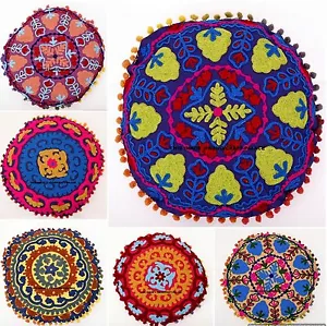 16" Round Uzbek Suzani Cushion Cover Vintage Embroidered Floor Throw Pillow Case - Picture 1 of 25