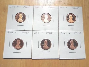 2010 S 2011 S 2012 S 2013 S 2014 S 2015 S Lincoln Proof Cent Penny 6 Coin Set  - Picture 1 of 2