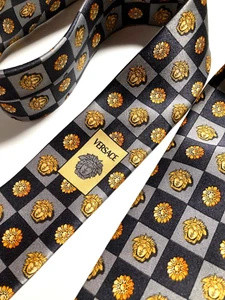 GIANNI VERSACE VINTAGE '90s BAROQUE MEDUSA HEAD TIE GRIDS SQUARE ITALY BLACK - Picture 1 of 16