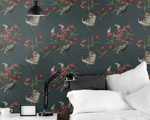 Beautiful Birds with Plants on a Green Background Removable or Regular Wallpaper - Picture 1 of 9