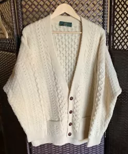 VTG ORVIS IRELAND Men Ivory Leather Button Pure Wool Cardigan Sweater XL - Picture 1 of 4