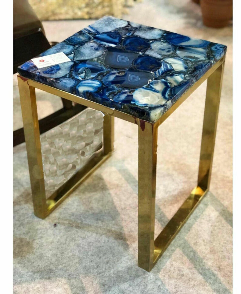 18" Blue Agate Table Top Natural stones Handmade Decor - Image 1 of 3