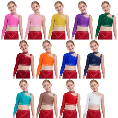 Kid's Rhinestones Dance Crop Tops Long Sleeve One Shoulder Hip Hop Dance Costume - Image 1 of 3