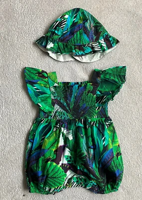 Ted Baker Baby Girl Dungarees Romper Sun Hat Green Floral Summer Holiday 0-3 M - Image 1 of 4
