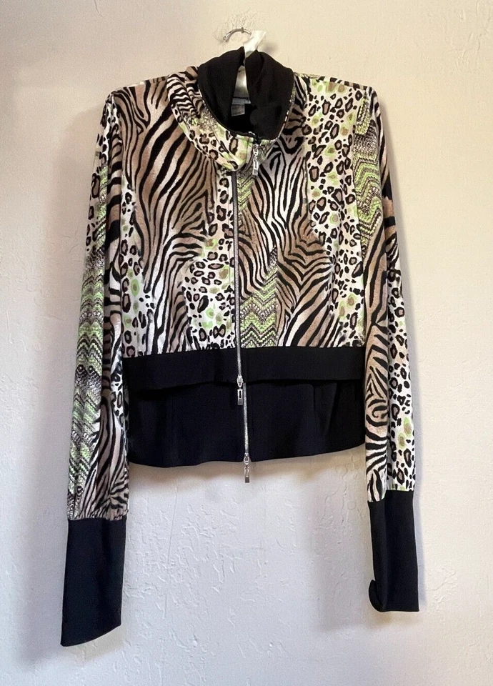 Joseph Ribkoff Women Full-Zip Cowl Neck Animal Print Layered Crop Jacket 8 Brown - Image 1 of 4