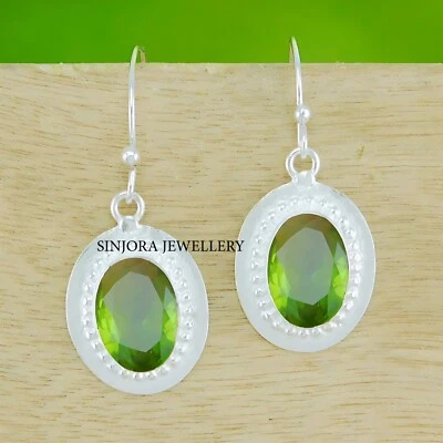 Peridot Gemstone 925 sterling silver handmade Gift Dangle/Drop Earrings 1.75" - Image 1 of 3