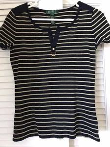 LRL Lauren Ralph Lauren Damen Navy Gold Metallic Streifen T-Shirt Größe S Small - Bild 1 von 3