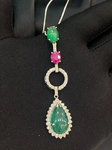 9.21 TCW F-VS1 Round Diamonds Zambian Emerald Burma Ruby Necklace 18K White Gold - Picture 1 of 13