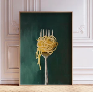 Green Spaghetti Noodle Pasta on Fork Italian Kitchen Food Wall Art Print Poster - Picture 1 of 6
