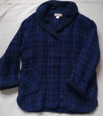 Jaqueta feminina Boyne Valley Weavers L xadrez azul Boucle malha mistura de lã Irlanda - Imagem 1 de 4