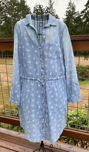Old Navy Ladies Medium Blue Floral Chambray Knee Length Button Down Dress - Picture 1 of 11