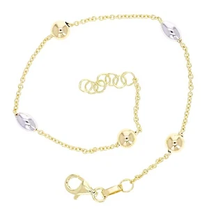 Italian 14k Yellow & White Gold Oval & Round Station Bracelet 7.5" 5mm 2.4 grams - Picture 1 of 4
