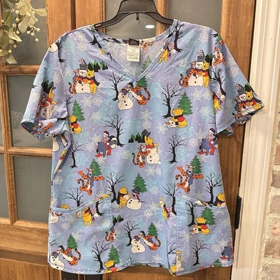 Disney Winnie The Pooh Large Christmas Winter Theme Scrub Top 2 Pockets Blue - Image 1 of 4