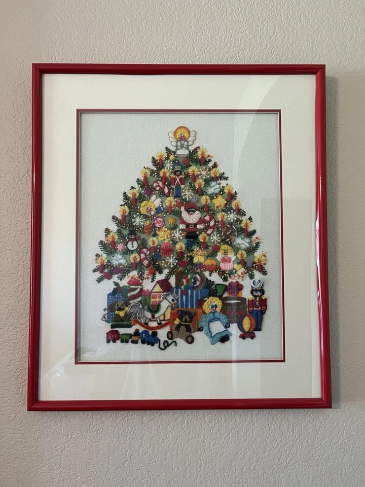 1978 Finished, Matted & Framed “Christmas Tree Fantasy" Sunset Stitchery Vintage - Image 1 of 3
